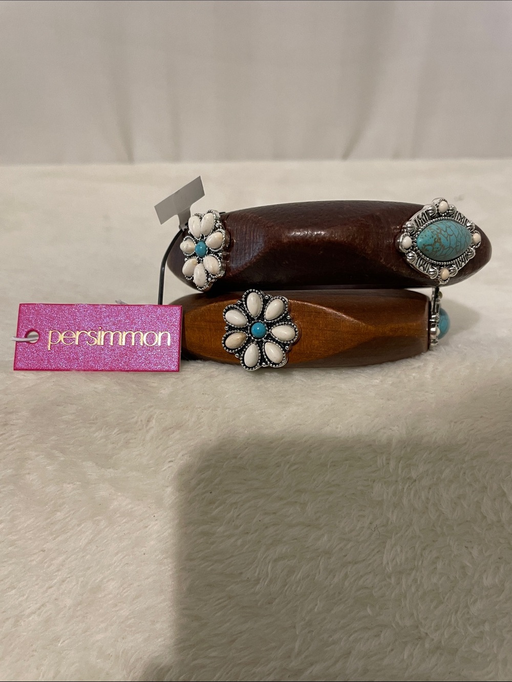 Persimmon Turquoise & White Flower Wood Bracelet - Persimmon